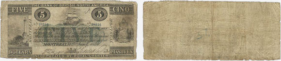 Billet de 5 dollars 1854 de la Bank of British North America