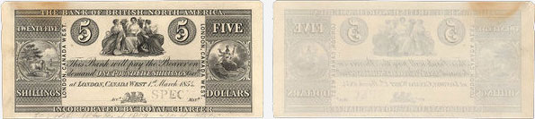 Billet de 5 dollars 1854 de la Bank of British North America