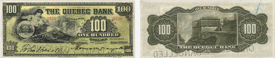 Billet de 100 dollars 1898 de la Quebec Bank