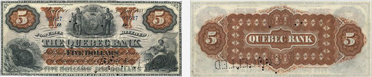 Billet de 5 dollars 1888 de la Quebec Bank