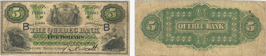 Billet de 5 dollars 1888 de la Quebec Bank