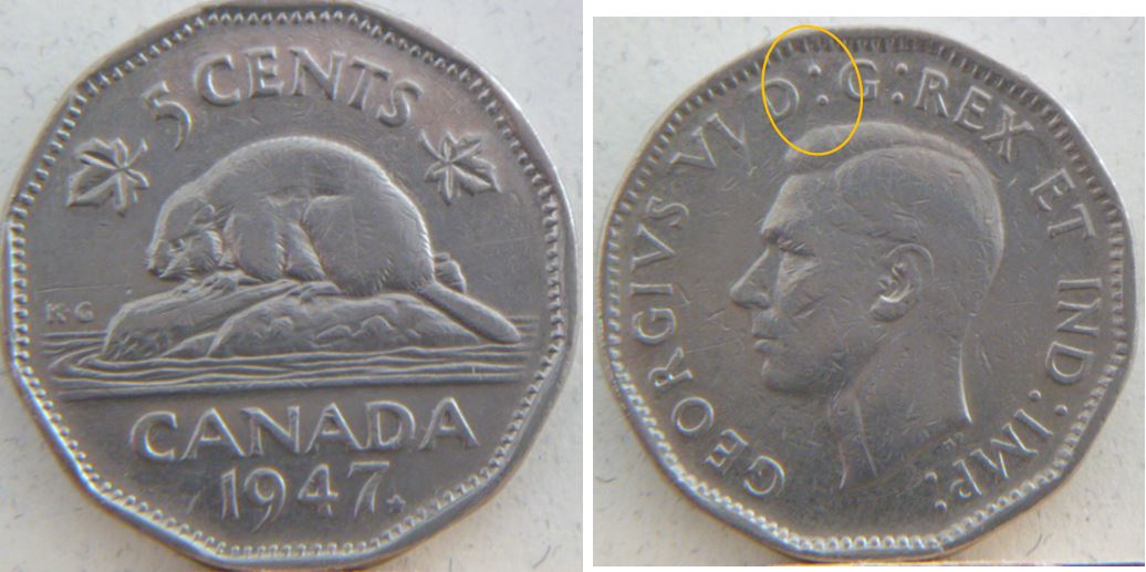 5 Cents 1947 F-Coin fendillé sur points de ponctuation-Double lettrage coin détérioré-Dépôt de métal dans oreil-Et tout ça coté avers-1.JPG