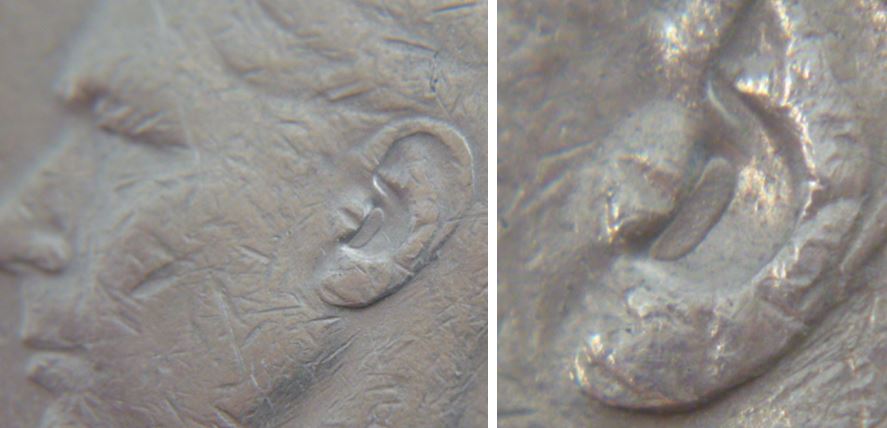 5 Cents 1947 F-Coin fendillé sur points de ponctuation-Double lettrage coin détérioré-Dépôt de métal dans oreil-Et tout ça coté avers-2.JPG