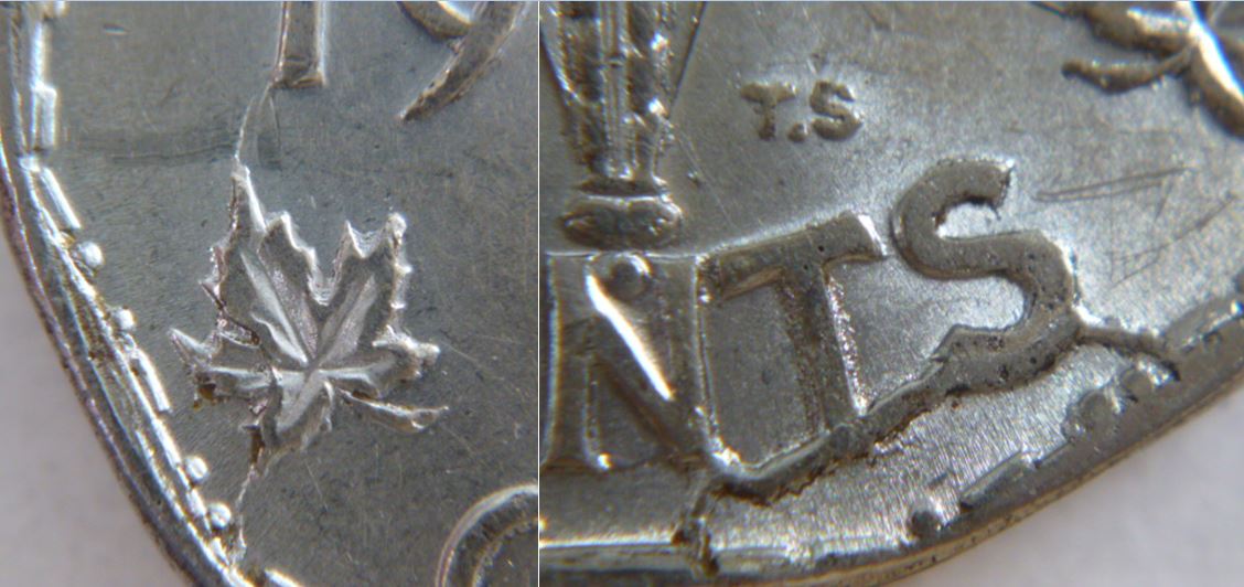 5 Cents 1945-Coin cassé et retenu sous Cents+Coin fendillé sur la feuille gauche-2.JPG