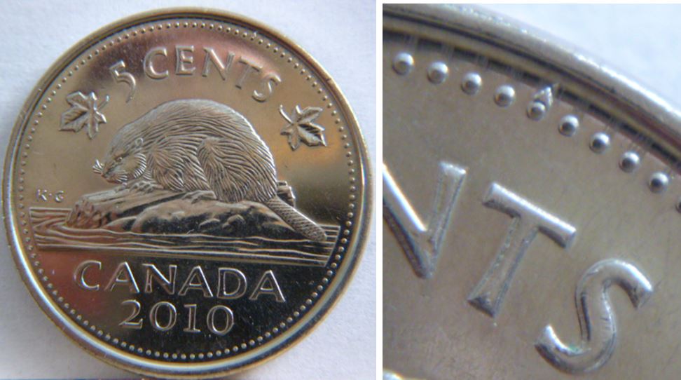 5 Cents 2010-Une tuque sur une perle revers-Éclat de coin-1.JPG