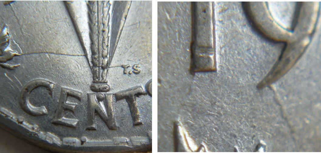5 Cents 1945- Coin fendillé sous 19 et a travers le flambo-2.JPG