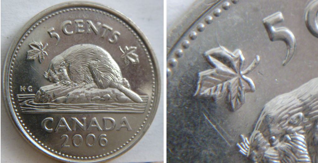 5 Cents 2006-Éclat du coin+coin fendillé sur feuille gauche-1.JPG