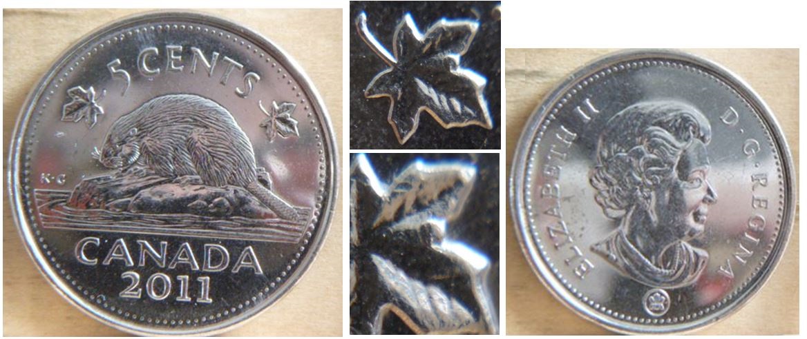 5 Cents 2011- Éclat de coin sur feuille droite-1.JPG