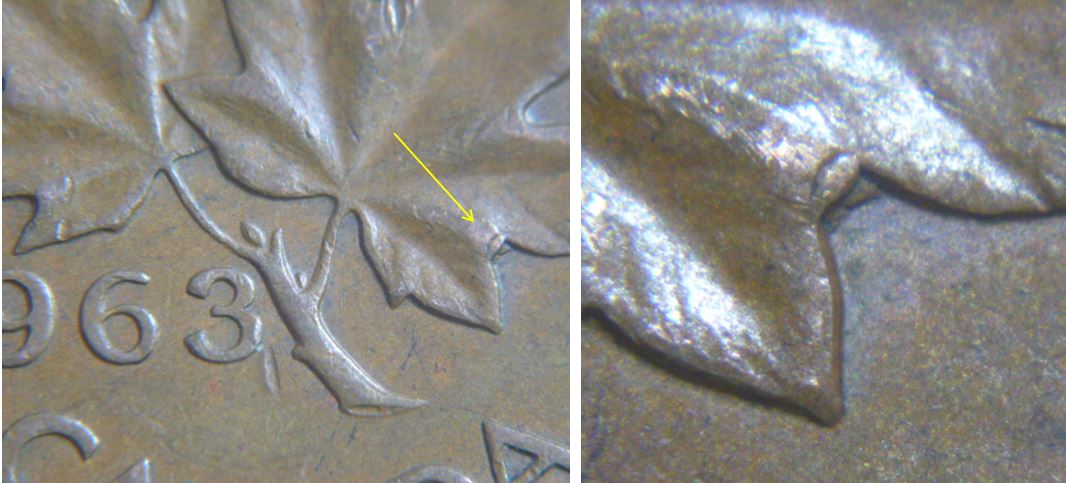 1 Cent 1963-Éclat de coin dans le lobe feuille droite.JPG