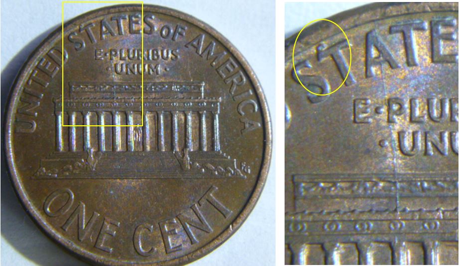 1 Cent USA 1995- Lincoln Memorial frappe par la foudre -Coin fendillé avers-2.JPG