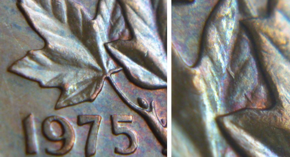 1 Cent 1975-Dommage du coin dans la feuille Gauche.JPG
