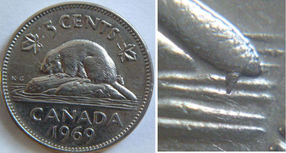 5 Cents 1969-Éclat du coin sous la gueue.JPG