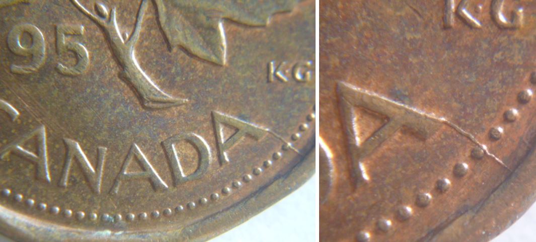 1 Cent 1995-Coin fendillé patte du dernier A de canadA.JPG