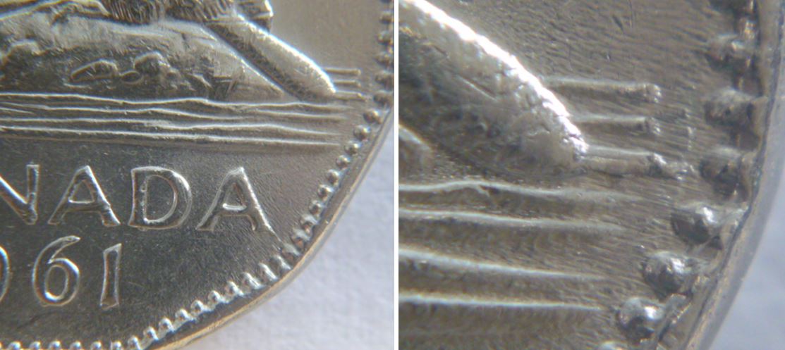 5 Cents 1961-Double vague au bout de la queue -Éclat sous 61-coin détérioré.JPG