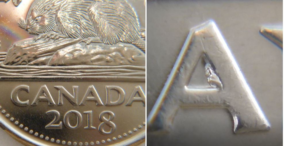5 Cents 2018-Éclat du coin dans le premier A de cAnada.JPG