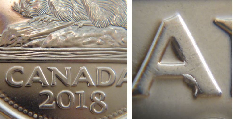 5 Cents 2018-Éclat du coin sous le premier A de cAnada.JPG