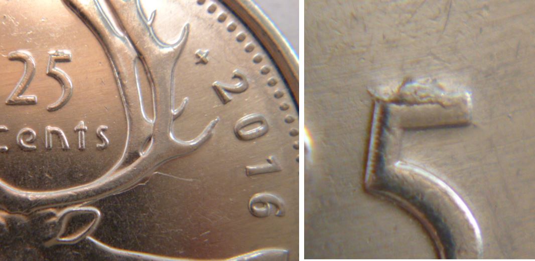 25 Cents 2016- Éclat du coin sur 5 de 25.JPG