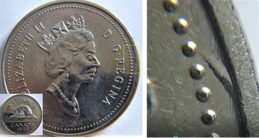 5 Cents 1999-Dommage du coin du coté avers.JPG
