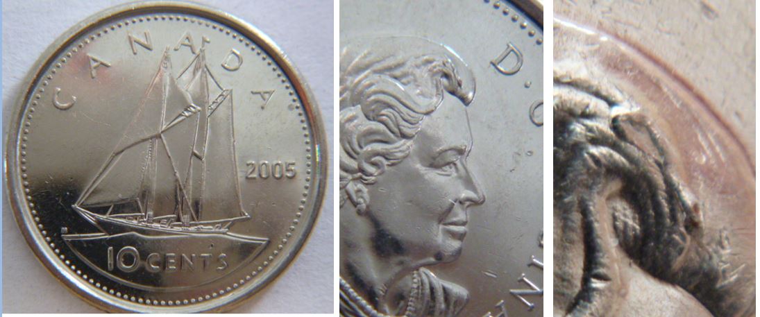 10 Cents 2005-Éclat du coin sur cheveux de effigie.JPG