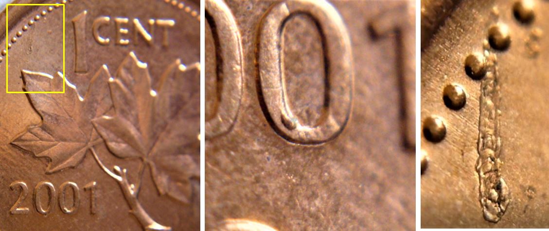 1 Cent 2001-Éclat du coin sur le 2 ème 0 et défaut flan revers.JPG