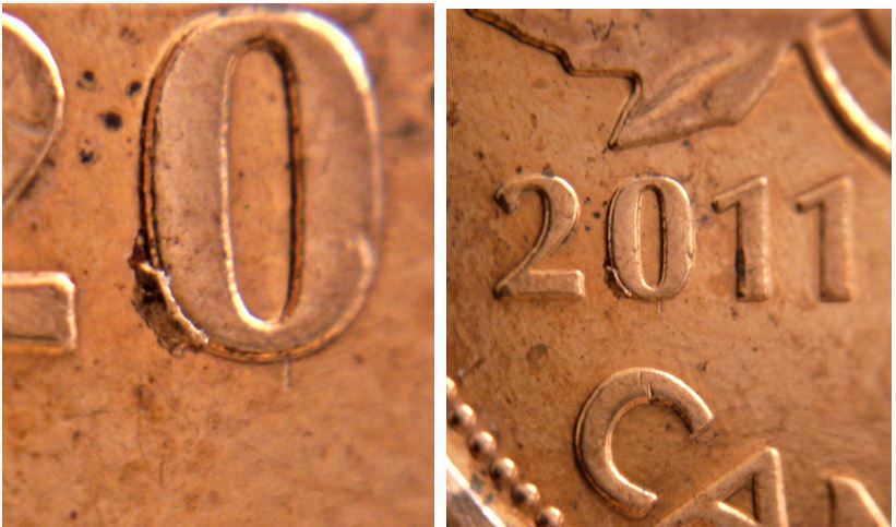 1 Cent 2011-Éclat du coin sur 0 de la date.JPG