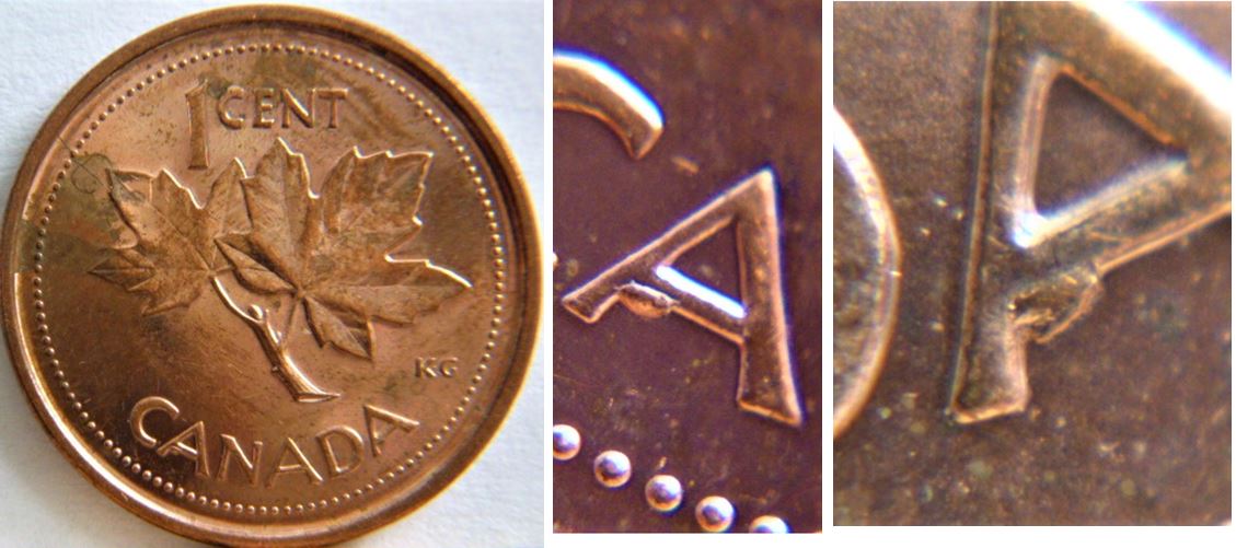 1 Cent 2002-Éclat coin sous le premier et le dernier A de cAnadA.JPG
