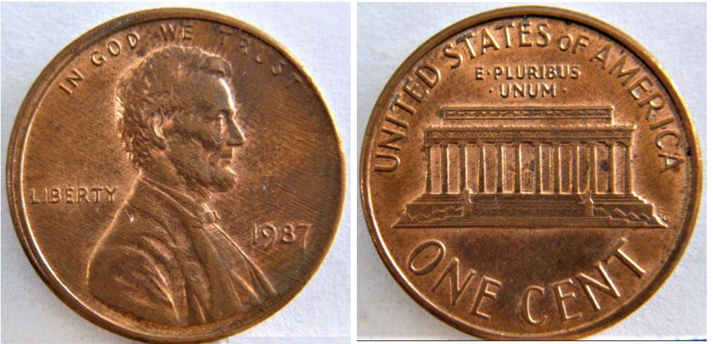 1 Cent 1987-USA-Coin désaligné Avers et double revers.1.JPG