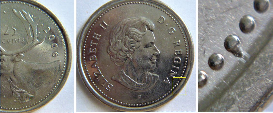 25 Cents 2006- Éclat du coin sur une perle coté avers- Une tuque-1.JPG