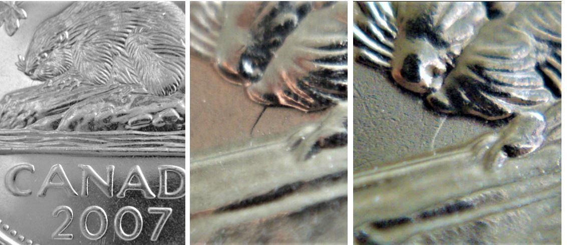 5 Cents 2007- Coin entrechoqué sous nez castor+dommage du coin avers.1.JPG