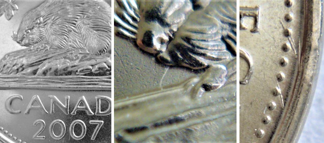 5 Cents 2007- Coin entrechoqué sous nez castor+dommage du coin avers-1.JPG