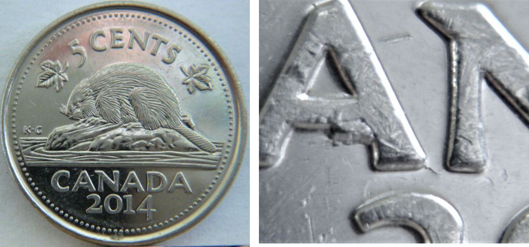 5 Cents 2014-Éclat du coin  sous  le premier A de cAnada et le coin a fendillé-1.JPG