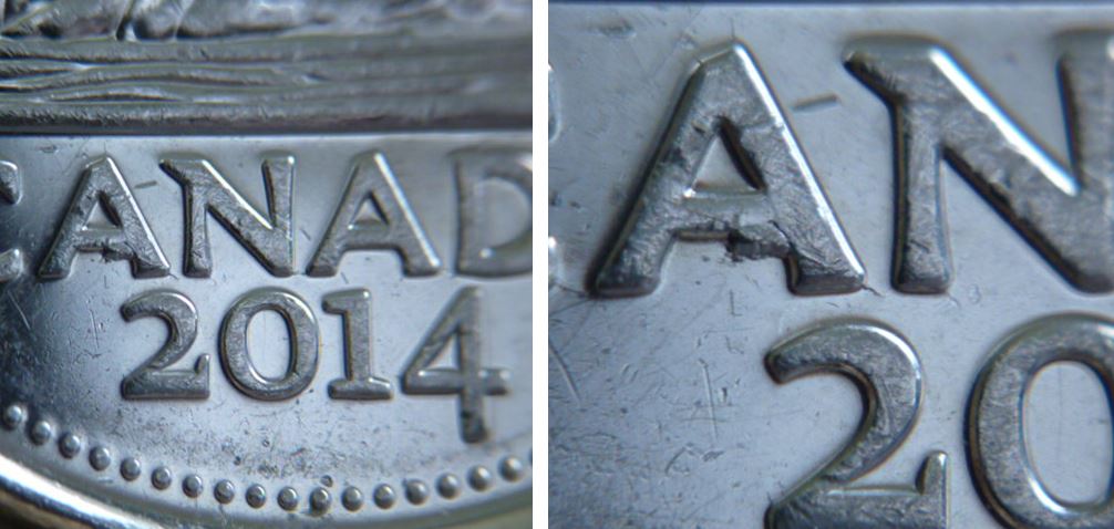 5 Cents 2014-Éclat du coin  sous  le premier A de cAnada et le coin a fendillé-2.JPG