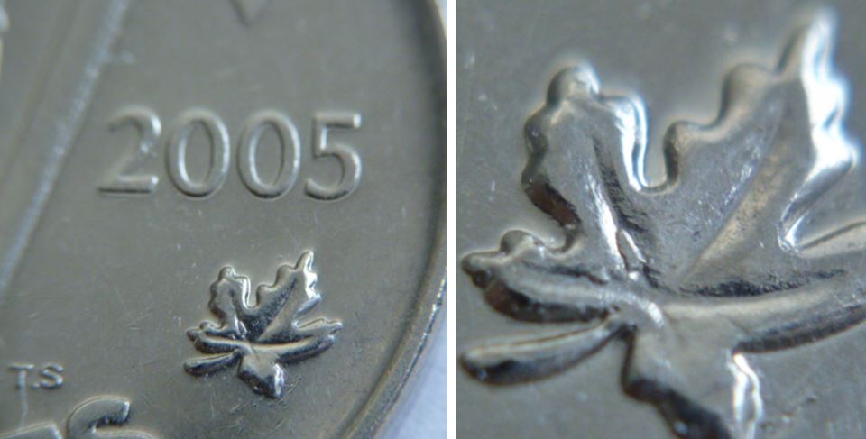 5 Cents 2005-Éclat du coin dans la feuille-1.JPG