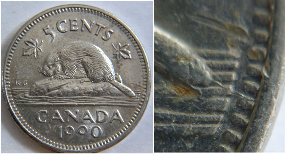 5 Cents 1990-Bare belley+ Coin fendillé au bout de la queue-1.JPG
