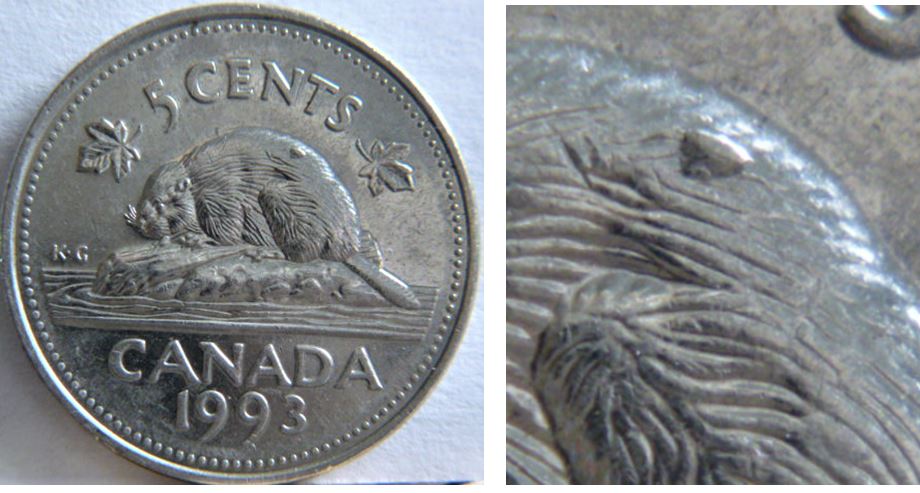 5 Cents 1993-Éclat du coin sur le dos du castor-.JPG