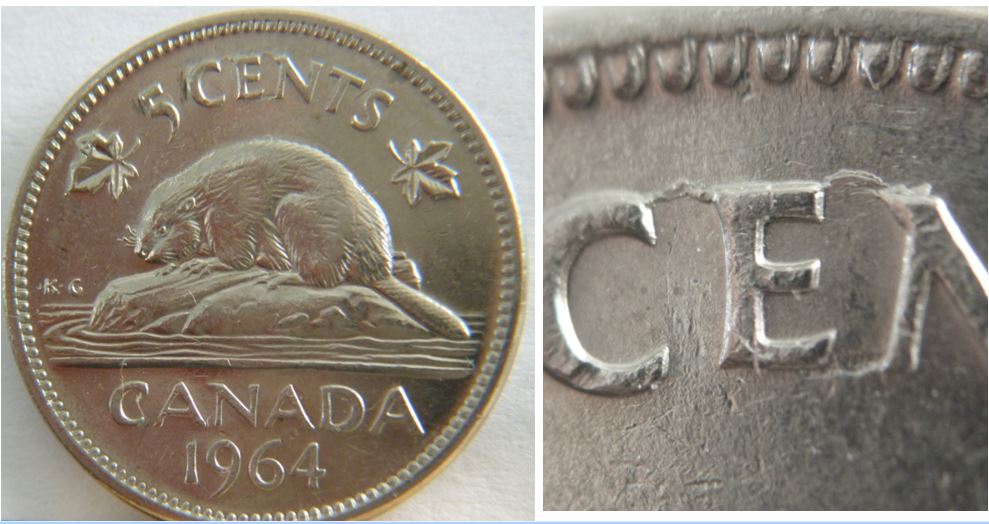 5 Cents 1964-Double castor-coin fendillé-accumulation revers-1.JPG
