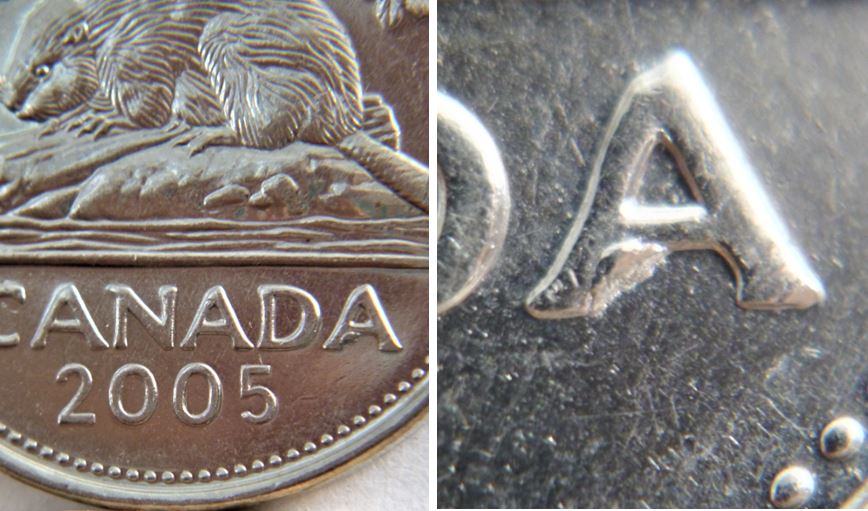 5 Cents 2005-Éclat du coin sous le dernier A de canadA.JPG