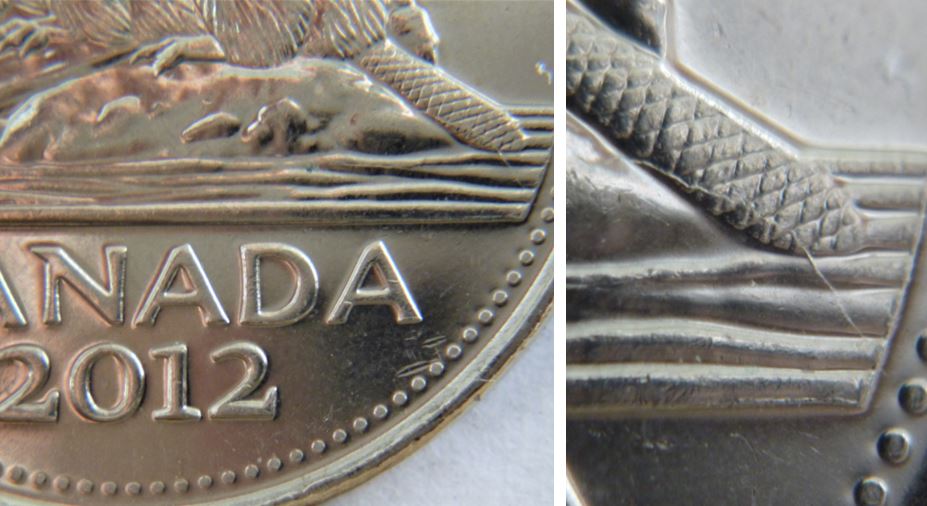 5 Cents 2012-Un fil sur la queue du castor-Coin fendillé-1.JPG