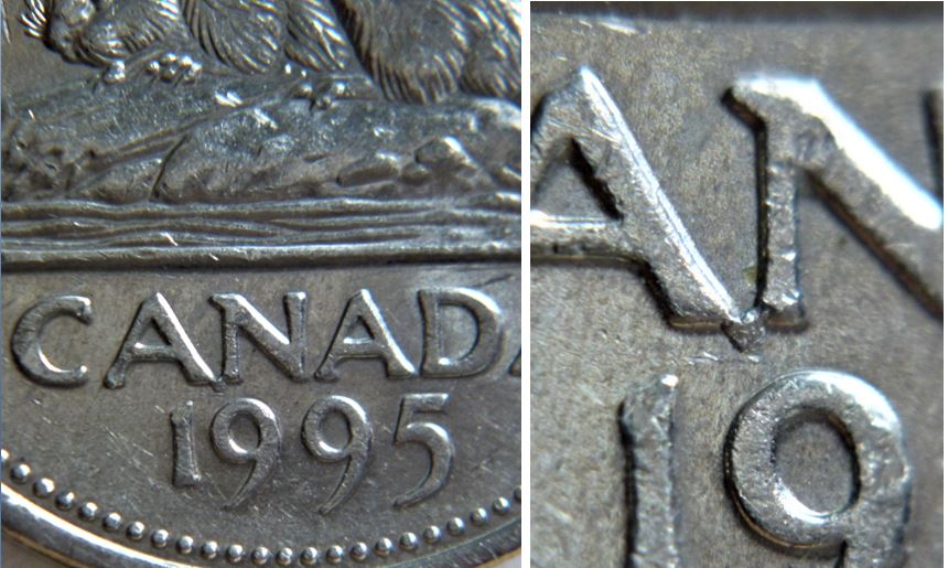 5 Cents 1995-Premier A et le N attaché-Éclat du coin-1.JPG