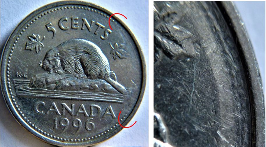 5 Cents 1996-Dommage du coin avers et le revers-1.JPG