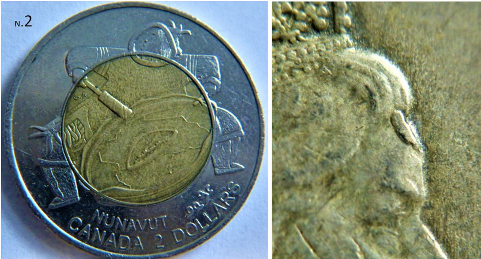 2 Dollar 1999 Nunavut-Éclat coin sur le front-3.JPG