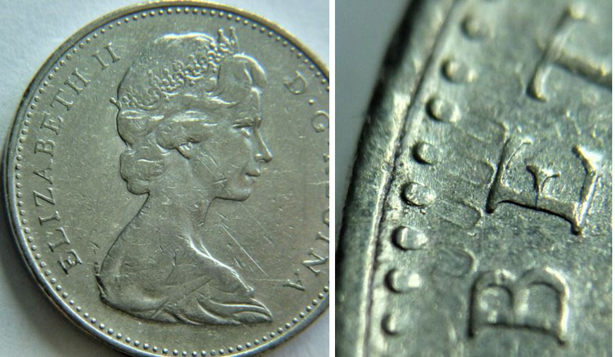 5 Cents 1977-Le coin a glissé au dessus du E de elizaBET-2.JPG