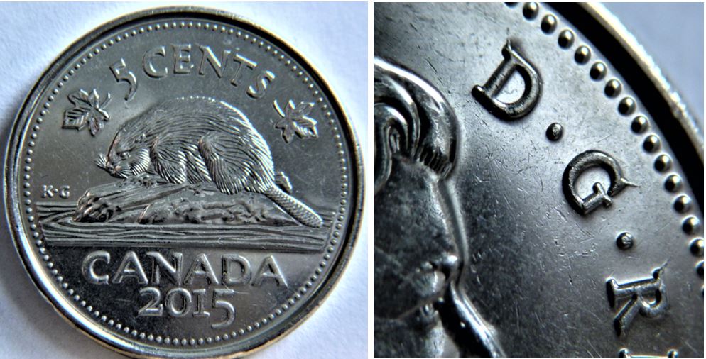 5 Cents 2015-Éclat du coin sur D.G.R de D.G.Regina.JPG