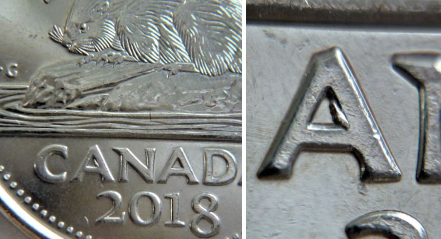 5 Cents 2018-Éclat du coin dans le premier A de cAnada.JPG