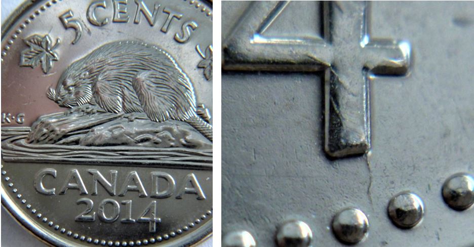 5 Cents 2014-Coin fendillé sur et sous le 4+au bout de la feuille-1.JPG