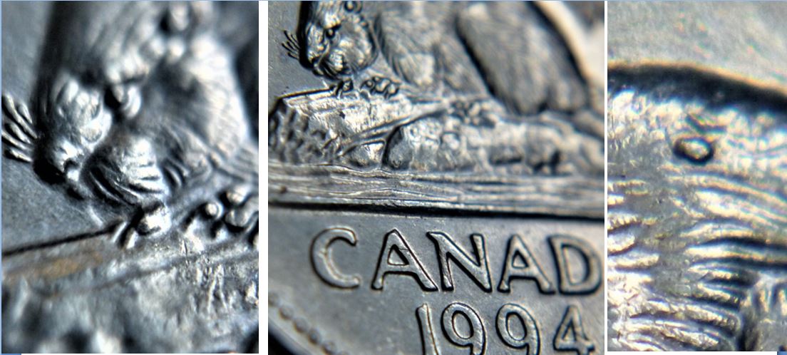 5 Cents 1994-Coin entrechoqué+éclat coin sur les dos castor.JPG