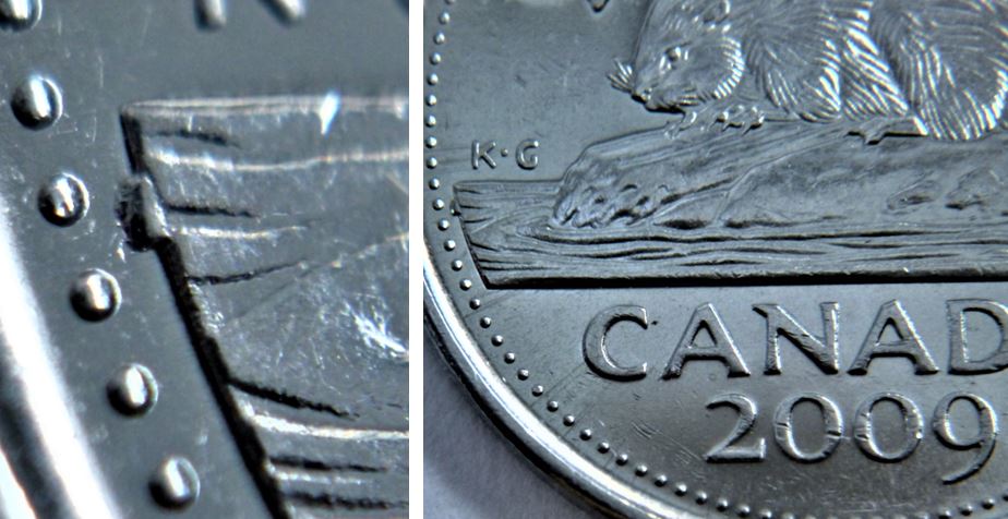 5 Cents 2009-Éclat coin devant les vagues.JPG
