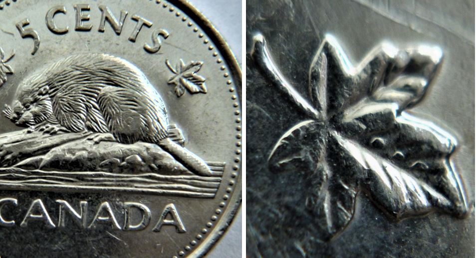 5 Cents 2002-Éclat coin dans la feuille droite.JPG