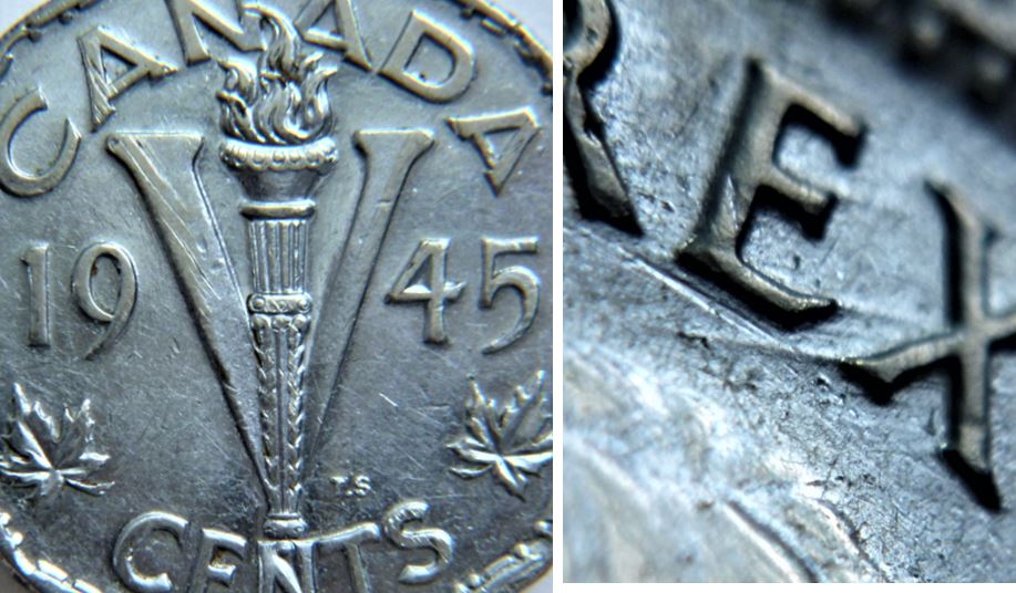 5 Cents 1945-Dommage du coin en dessus et en dessous de effigie-1.JPG