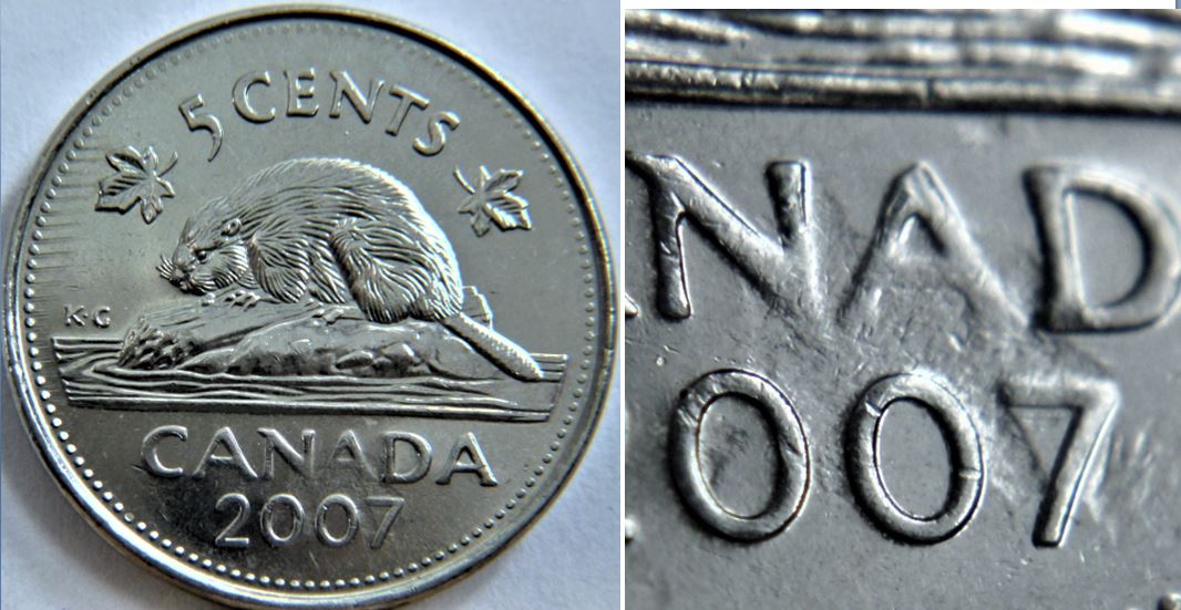 5 Cents 2007-Frappe a travers coté revers-du gombo- Belle pièce-1.JPG
